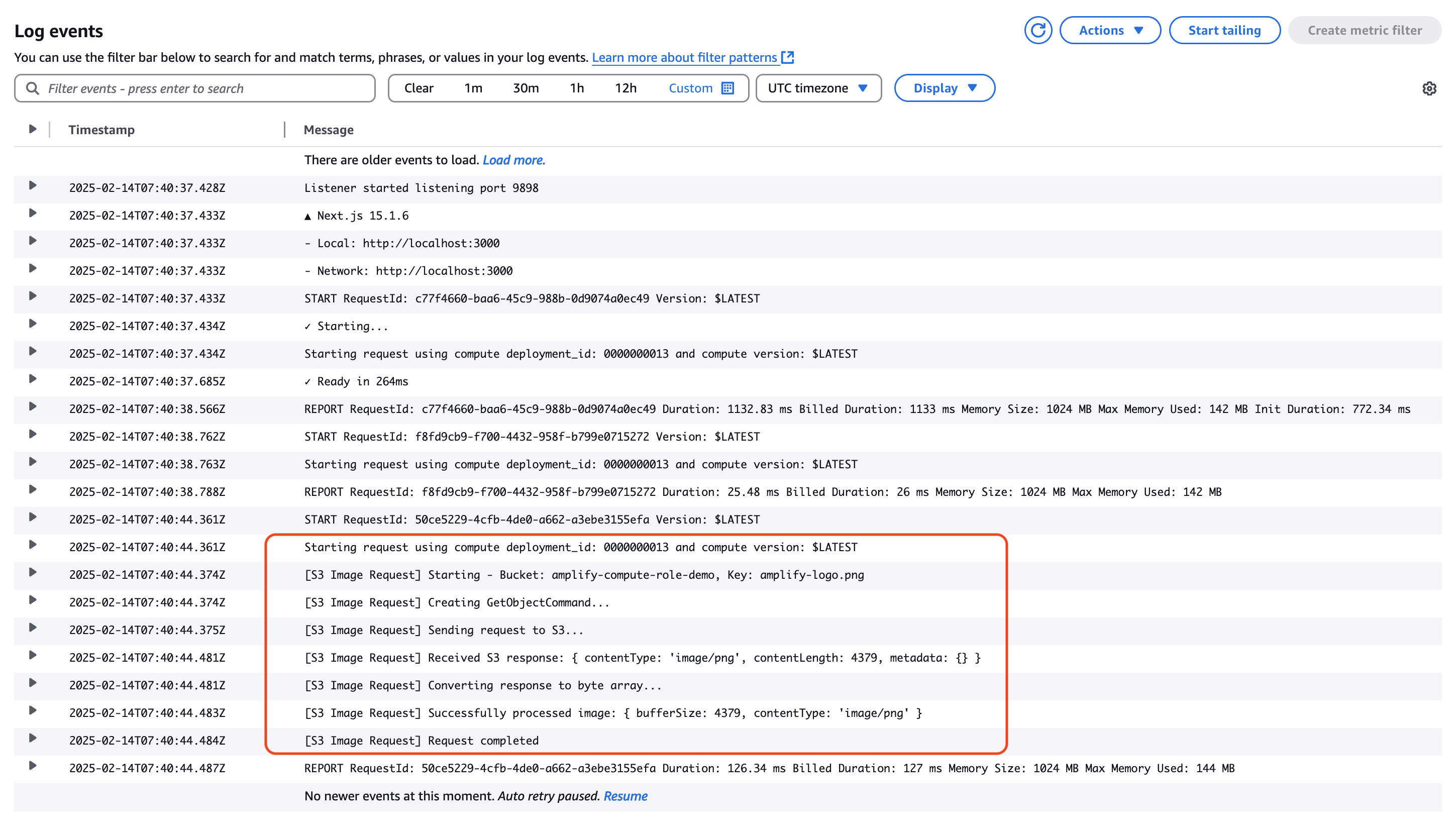 Hosting compute logs displaying Amazon S3 image requests